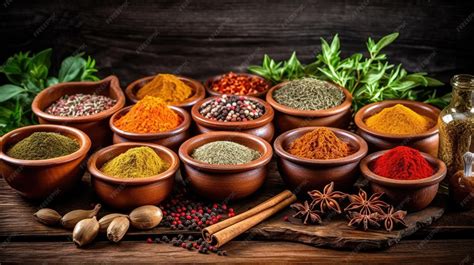 Especias y hierbas en cuencos pequeños