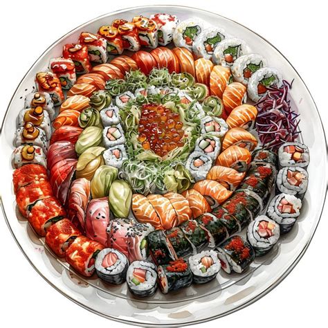 Grupo de amigos compartiendo una bandeja de sushi y platos japoneses