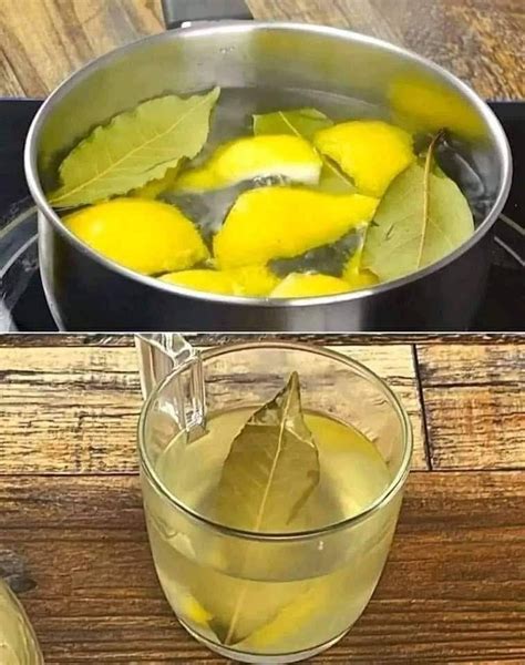 Hojas de laurel y rodajas de limón en agua hirviendo