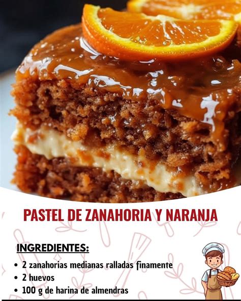 Infografía con los ingredientes principales: naranja, zanahoria, harina, huevos, aceite