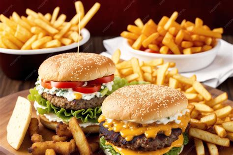 Mesa con hamburguesas gourmet y patatas fritas