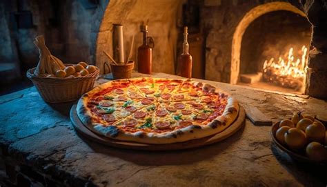 Pizza recién horneada en una piedra de horno