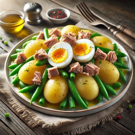 Ensalada de patatas, judías verdes, huevo y atún en un bol