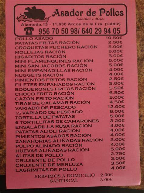 Menú o carta del Asador de Pollos El Canillo
