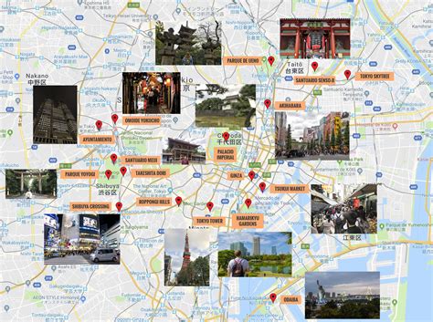 Mapa de Tokio con las ubicaciones de los restaurantes de kaitenzushi más populares