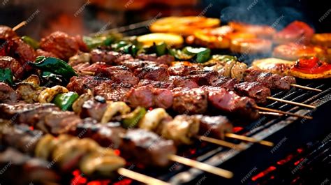 Diferentes tipos de carne y verduras sobre la parrilla