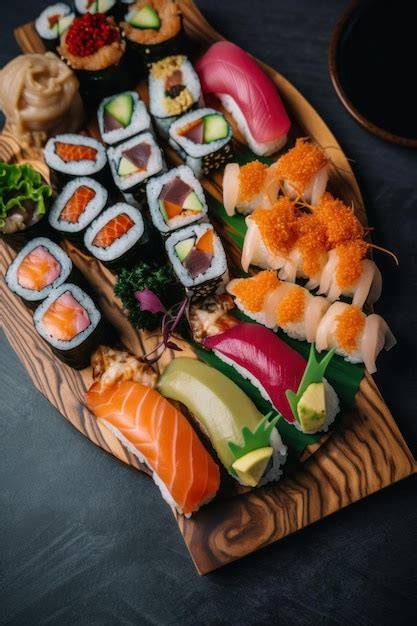 Plato de sushi balls variadas sobre una mesa de madera