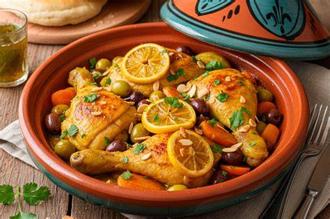 Plato tradicional de pollo marroquí con especias aromáticas