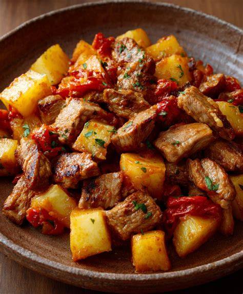 Sartén con trozos de carne de cerdo dorándose junto a cebolla picada