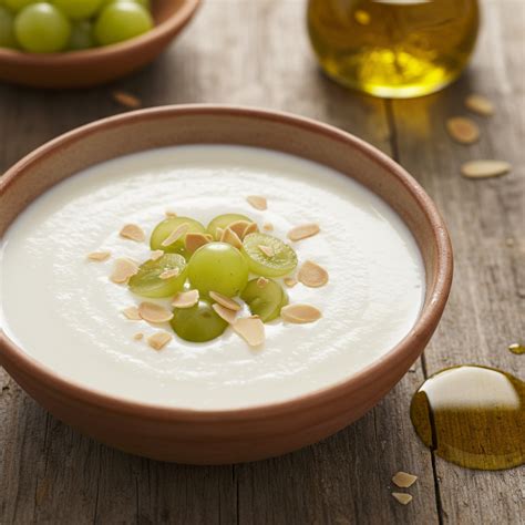 Bol de ajoblanco malagueño decorado con uvas frescas y un hilo de aceite de oliva sobre una mesa de verano