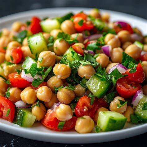 Ensalada de garbanzos colorida y fresca con vinagreta