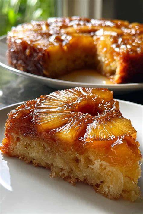 Corte transversal de una torta de piña volteada mostrando las capas y el caramelo