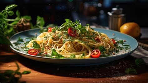 Plato de pasta con aceite de oliva, orégano y otros ingredientes mediterráneos
