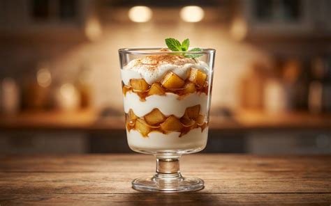 Resultado final del postre de manzana y yogur servido en un plato