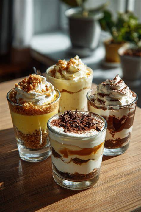 Variedad de postres en vasitos con diferentes capas y texturas