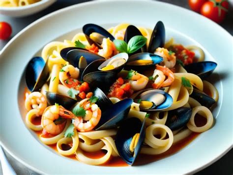 Plato de pasta con mariscos y albahaca fresca