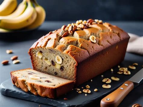 Bizcocho de plátano vegano recién horneado con nueces