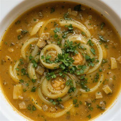 Sopa de cebolla vegana en un tazón