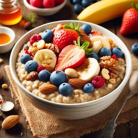 Plato de tortitas de avena saludables decoradas con frutas frescas y frutos secos