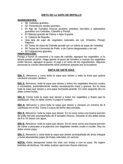 Calendario semanal de una dieta de sopa de repollo
