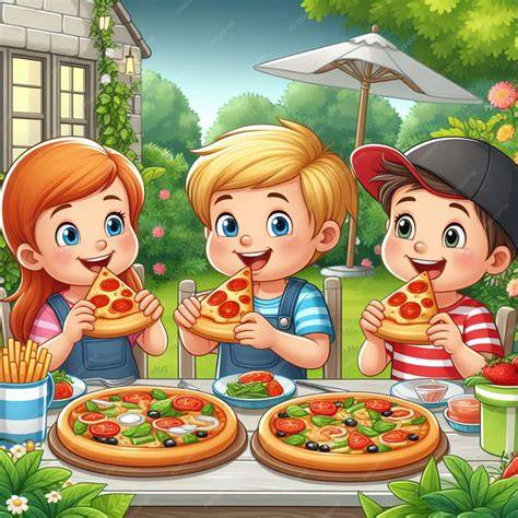 Ilustración de una pizza muy larga con niños comiendo