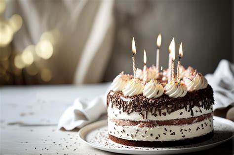 Un pastel de cumpleaños ricamente decorado con velas encendidas.