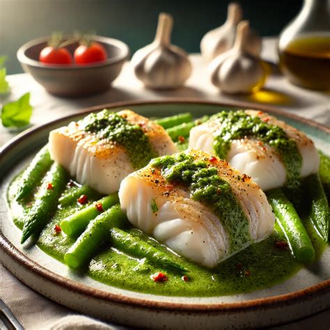 Merluza con salsa de limón y perejil en una fuente