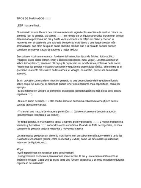 Esquema de los diferentes tipos de marinados para carne