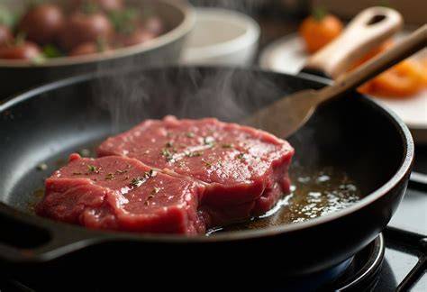 Carne de ternera en una sartén caliente