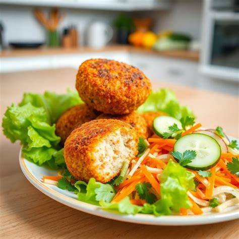Plato de croquetas de atún caseras servidas con una ensalada fresca