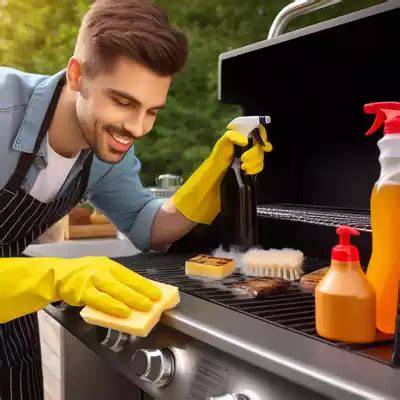 Persona limpiando las rejillas de una barbacoa de gas con un cepillo