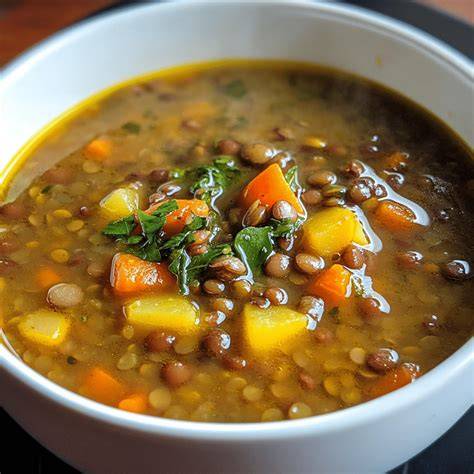 plato de sopa de lentejas venezolana humeante con trozos de carne y vegetales frescos