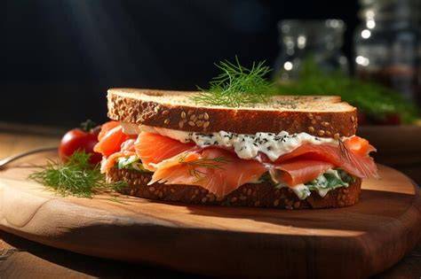 Sándwich con salmón ahumado y capas de ingredientes frescos