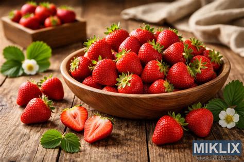 Cesta de fresas frescas sobre una mesa de madera