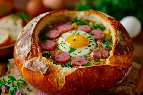 Sopa Zurek en un cuenco de pan con huevo y salchicha