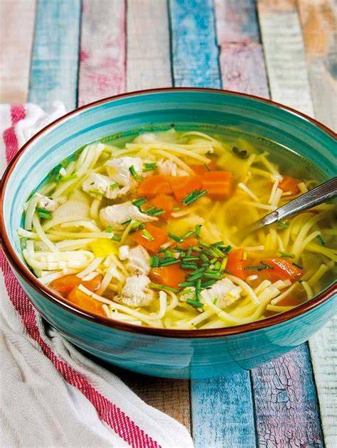 Sopa de pollo con fideos y verduras