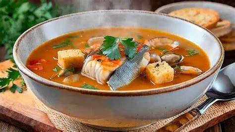 Sopa de pescado con trozos de pan