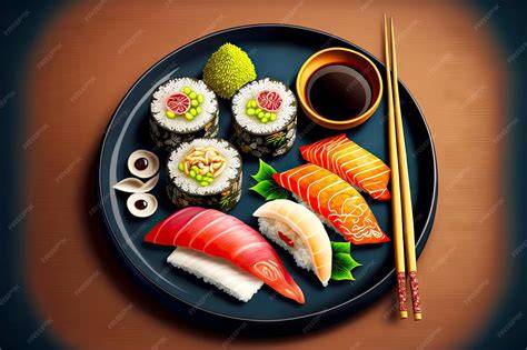 Plato de sushi variado y presentación de la comida en el restaurante