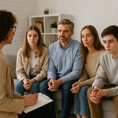 Pareja con hijos en terapia familiar