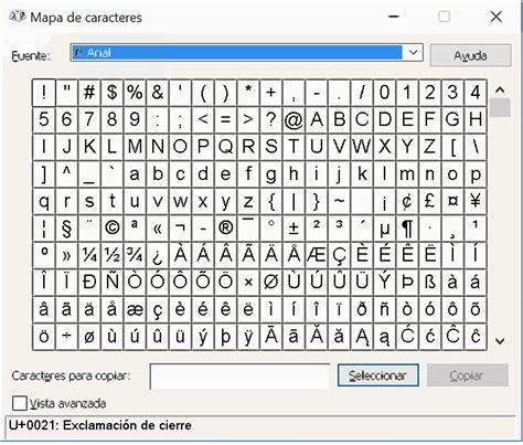 Ventana del mapa de caracteres en Windows