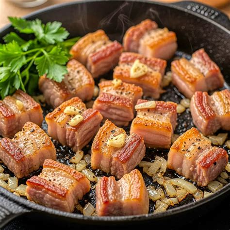 Panceta de cerdo dorándose en una sartén