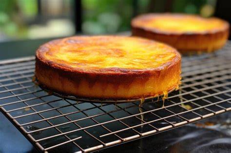Tarta de queso horneada enfriándose en una rejilla