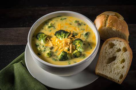 Sopa cremosa de brócoli servida en un tazón