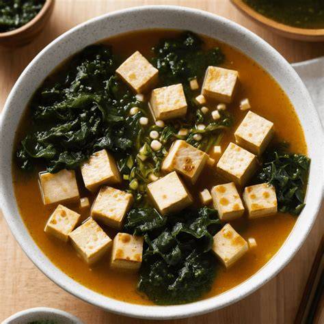 Plato de sopa de miso humeante con tofu y algas