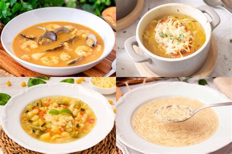 Variedad de sopas calientes y frías con ingredientes frescos