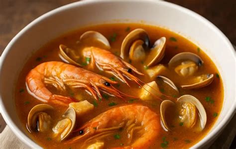 Plato de sopa de marisco con gambas y almejas