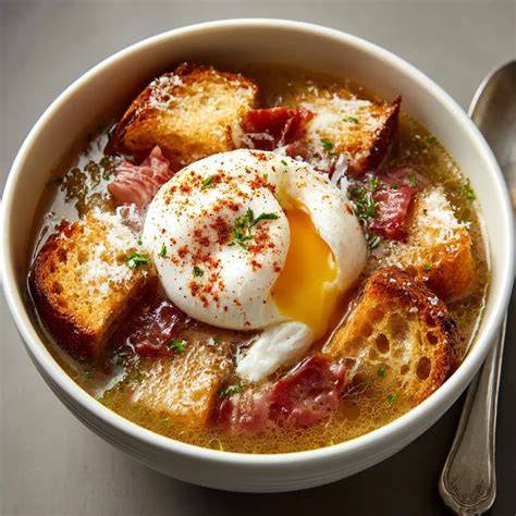 Sopa castellana con huevo escalfado y pan