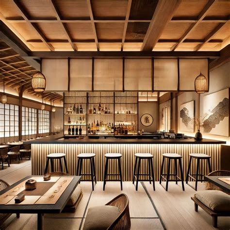 Interior de un restaurante japonés con decoración de flores de cerezo
