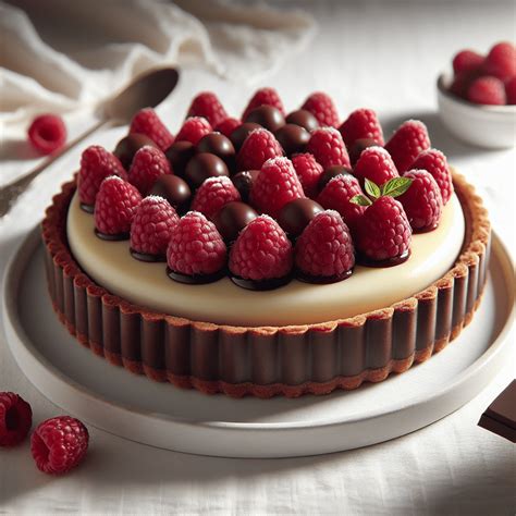 Tarta rellena de mousse de chocolate blanco y decorada con frutos rojos