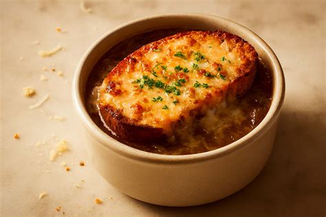 Sopa de cebolla francesa gratinada con queso y pan tostado